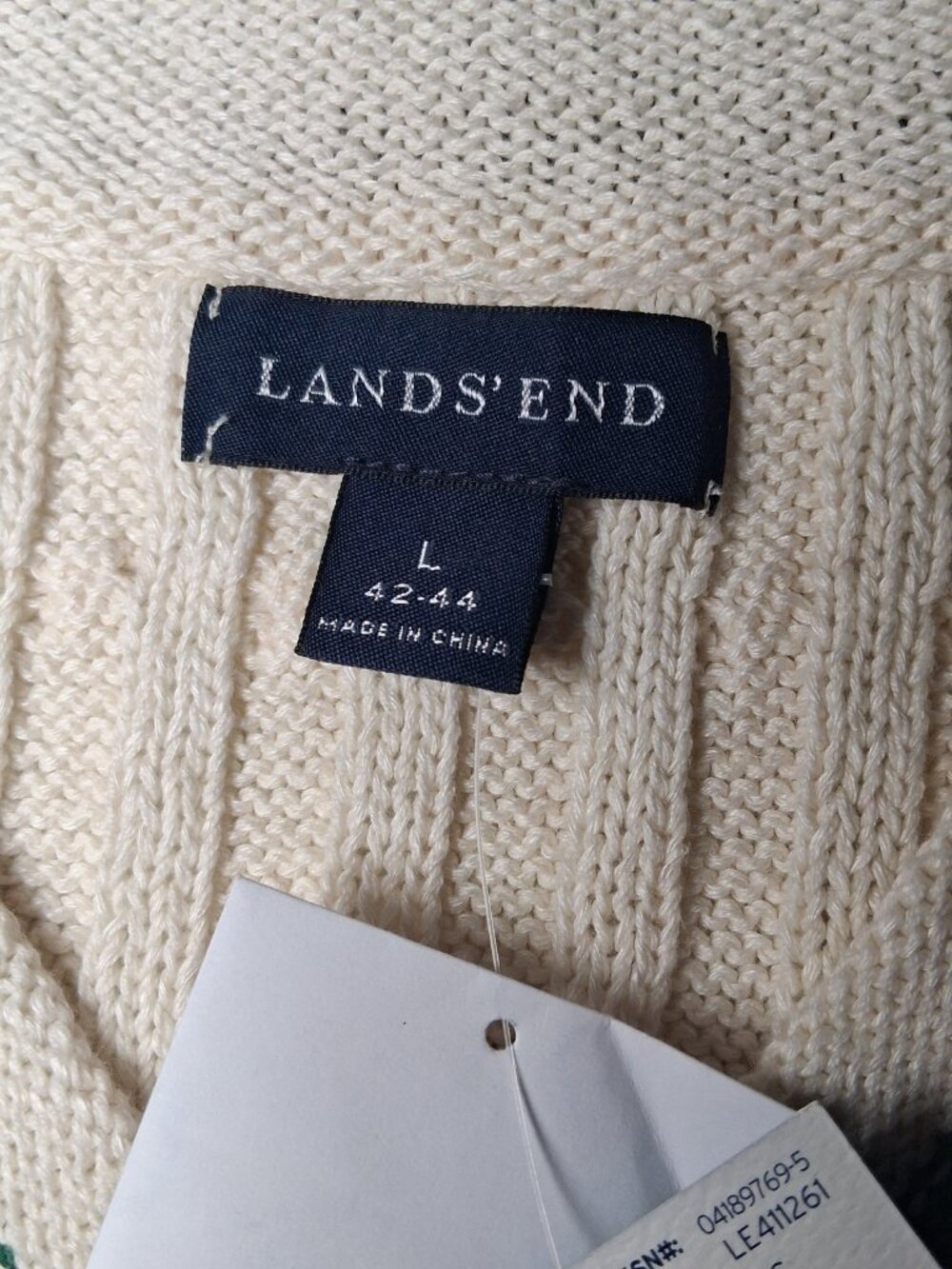 Lands End Sweater Vest Men L V Neck Cable Knit Academia Preppy Ivory Linen Blend - Picture 6 of 13